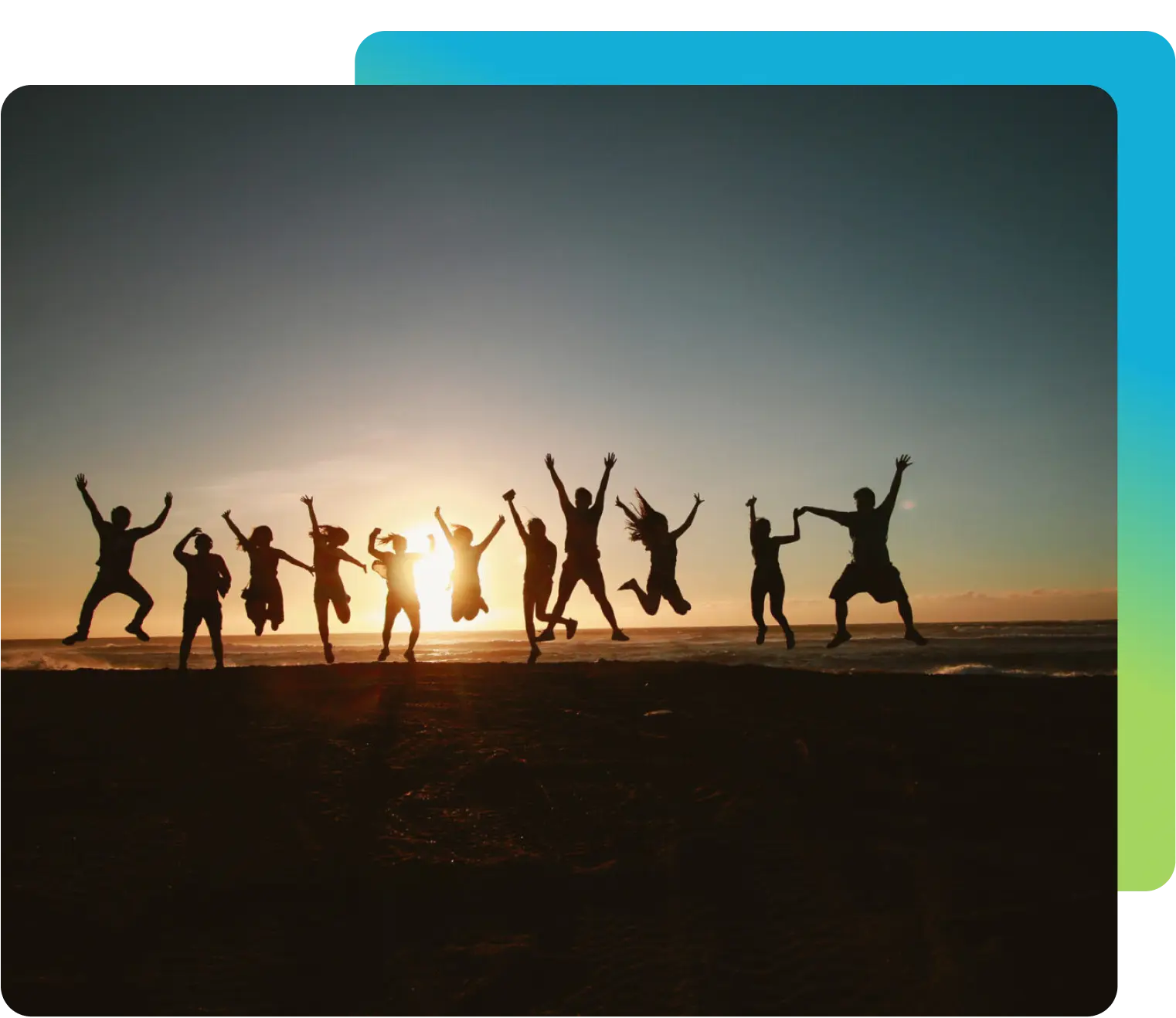People leaping joyfully at beach sunset